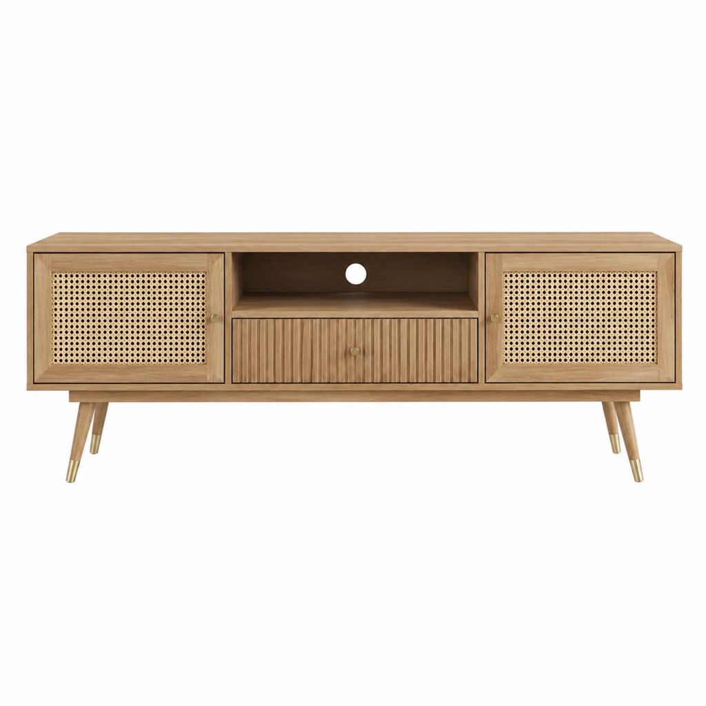 TV-Lowboard walnussfarben aus MDF mit Rattangeflecht rechteckig 180 x 40 x 60 cm