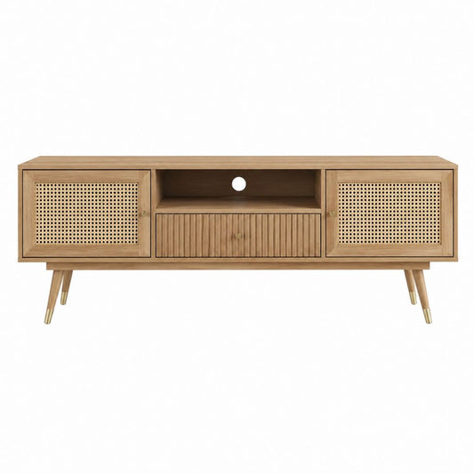 TV-Lowboard walnussfarben aus MDF mit Rattangeflecht rechteckig 180 x 40 x 60 cm